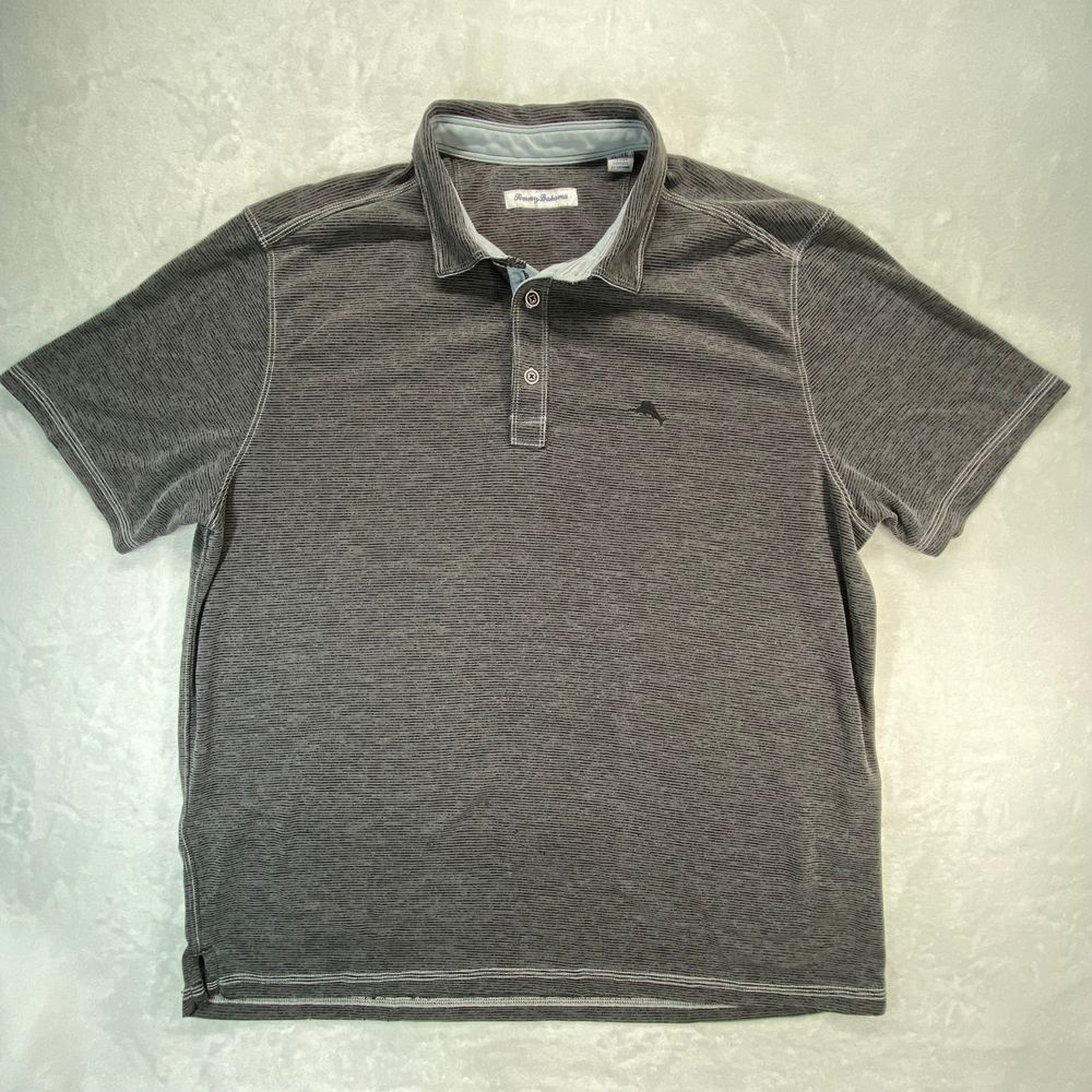 Tommy Bahama Men's Gray Striped Polo Shirt Casual Golf Short Sleeve XL - flaw